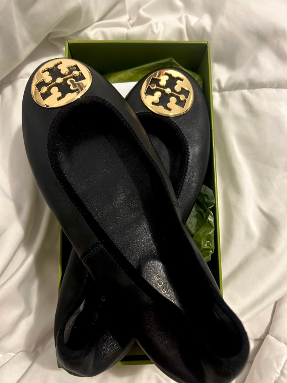 Tory Burch Black Leather Ballet Flats with Gold Logo Medallion